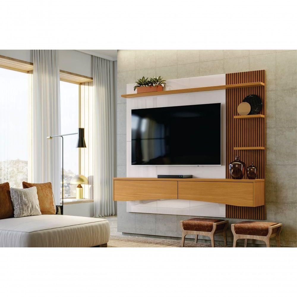 Painel Com Prateleira Lusaca Off White Perolizado E Tauari