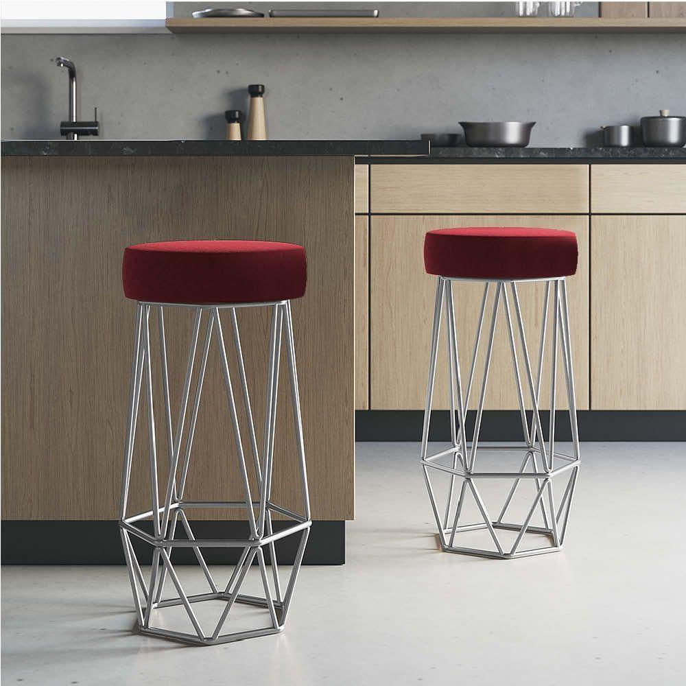 Miniatura Banqueta Com Encosto Mhara Hexágono Cozinha Bar Ferro Cinza Corino Vermelho - Ahazzo Móveis