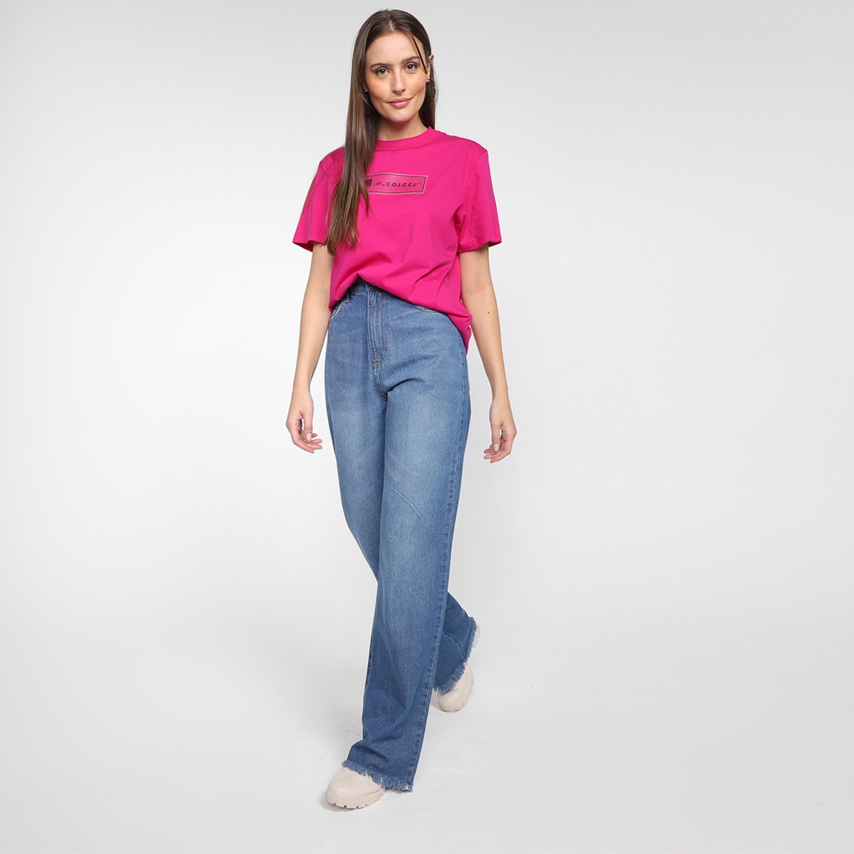 Miniatura Calça Jeans Wide Leg Colcci Juliette Cintura Alta Feminina Azul - 36