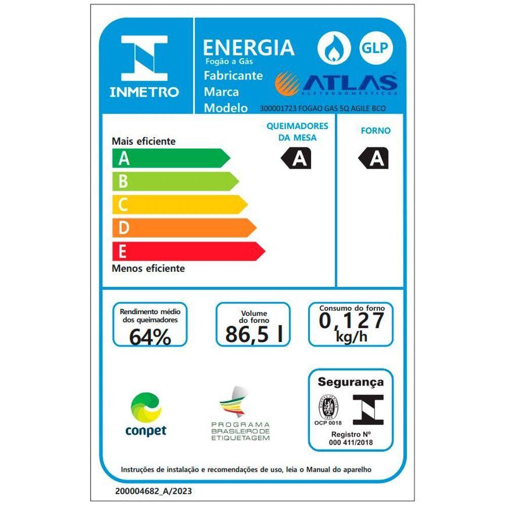 Fogão 5 Bocas Branco Com Mesa Inox Atlas Agile Up Bivolt