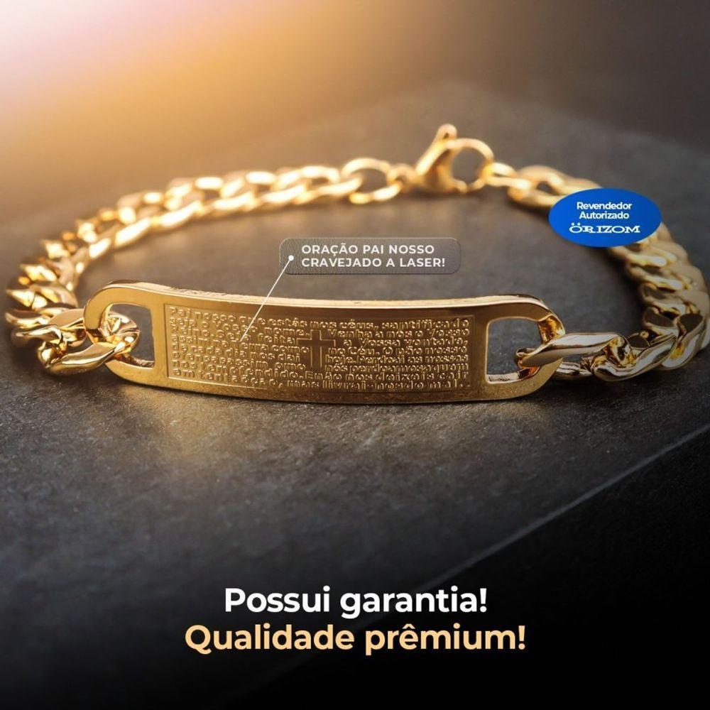 Pulseira Masculina Oração Pai Nosso Aço Banhada Ouro Original Catolica Moda Masculina Social Casual