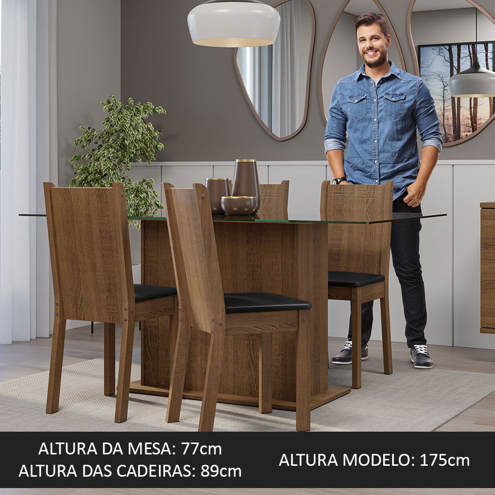 Miniatura Conjunto Sala de Jantar Mesa Tampo de Vidro 4 Cadeiras Rustic/Preto Espanha Madesa Cor:Rustic/Preto