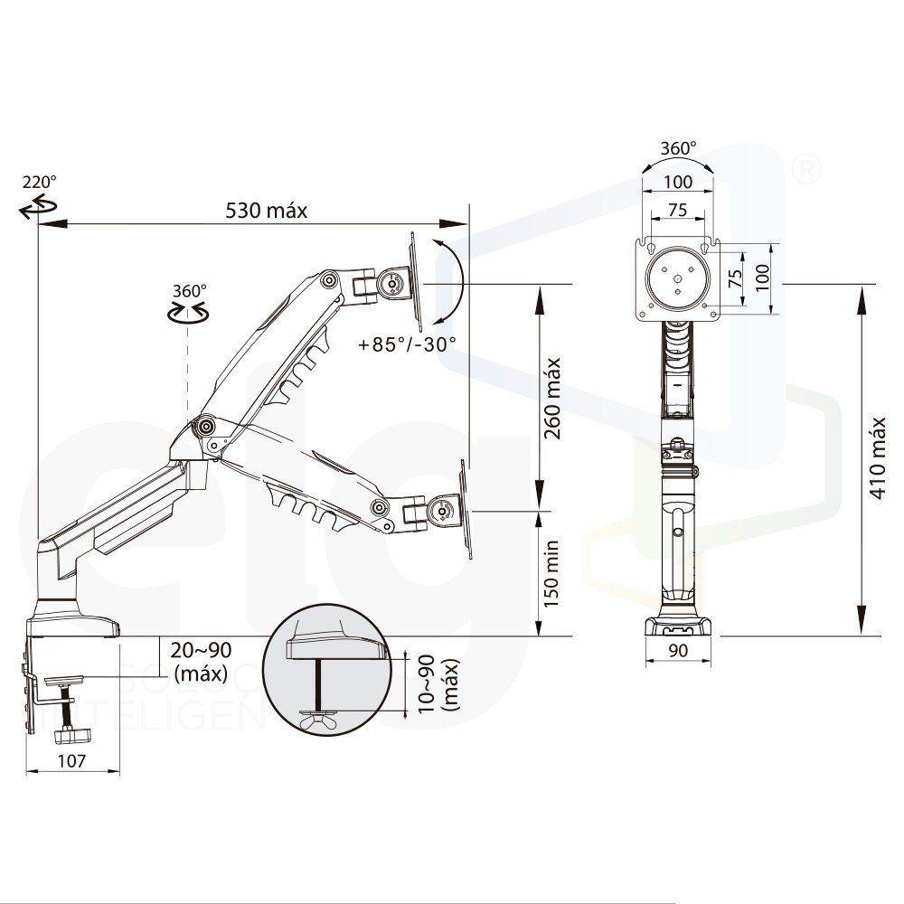 Suporte Monitor Branco Articulado 17 A 35 Pistão F80w Elg