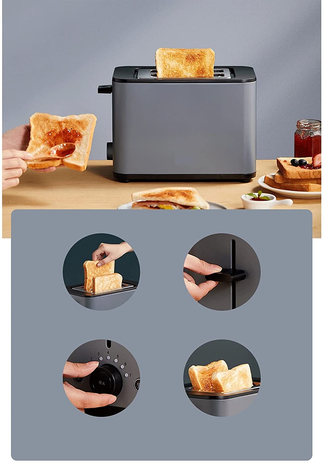 DHYY Torradeira Elétrica 2 Fatias com 7 Níveis de Tostagem 1 10V820W Cinza