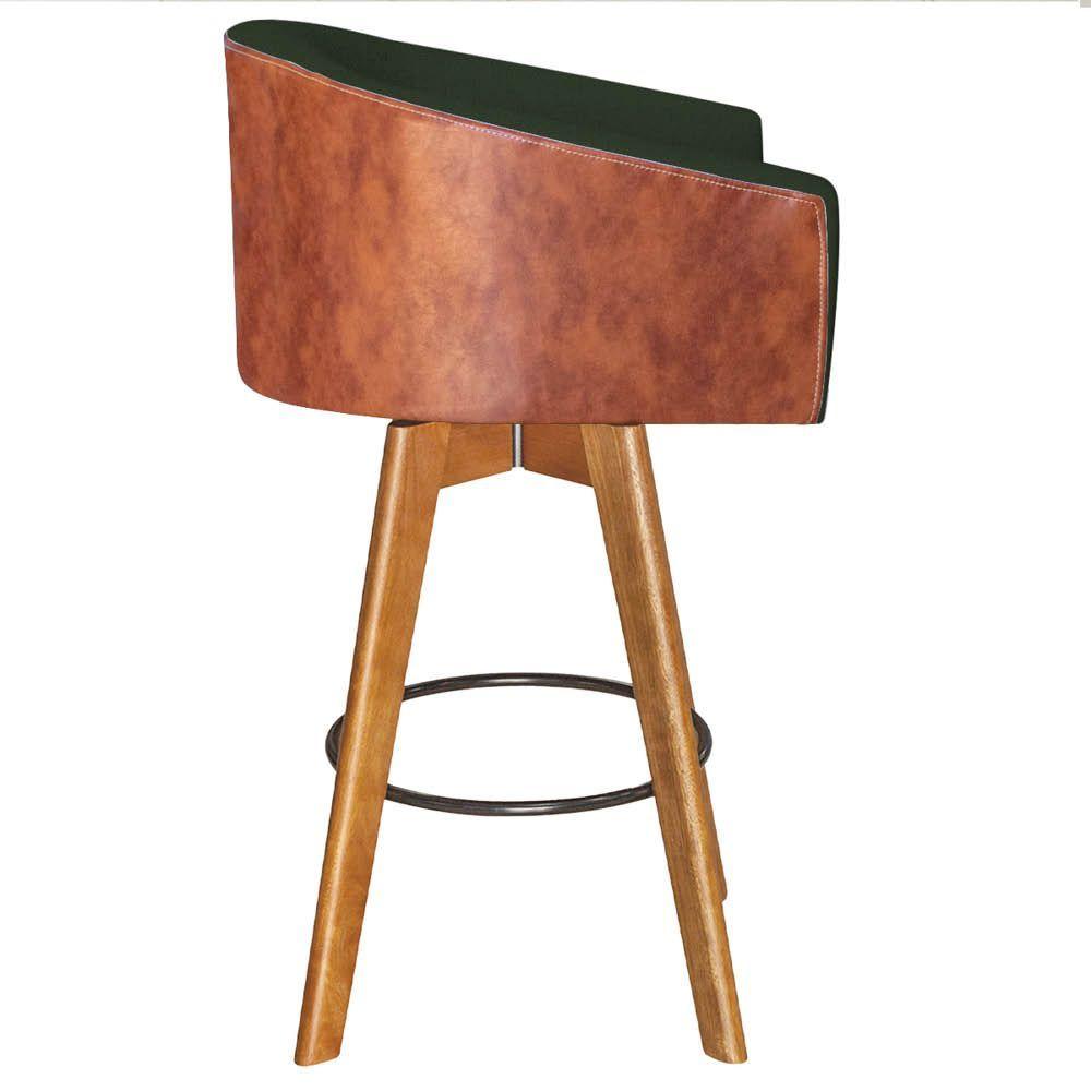 Banqueta Tamborete Com Base Giratória De Madeira Sintético Nozes Linho Verde