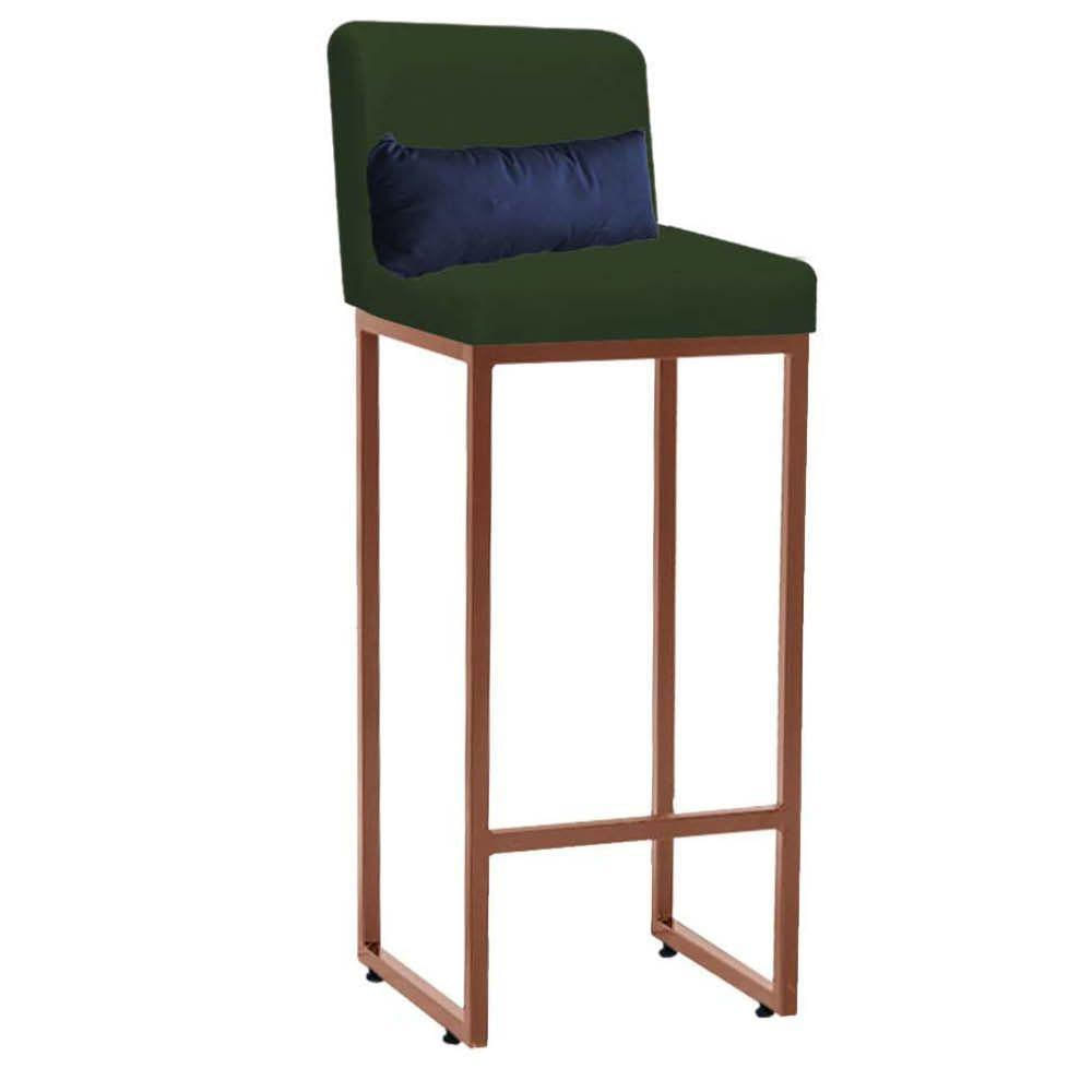 Miniatura Banqueta Alta Com Encosto Industrial Ferro Bronze Suede Verde E Almofada Azul Marinho - Amey Decor