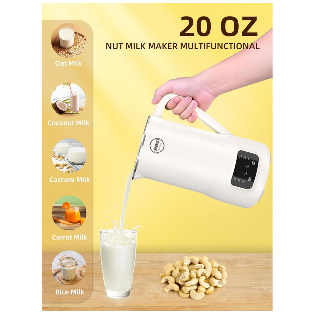 Miniatura Máquina de Leite Vegetal Automática 600mL com 10 Lâminas, Temporizador 12H e Limpeza Automática, BUAIAHUG, Branca
