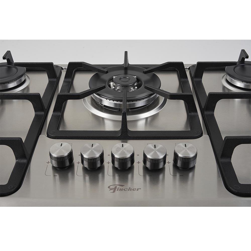 Cooktop 5 Bocas Fischer Infinity Trempe De Ferro Tripla Chama à Gás Mesa Inox Bivolt
