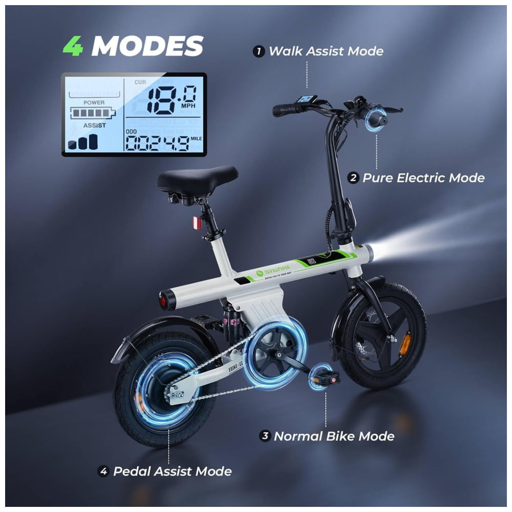 Bicicleta Elétrica isinwheel para Adultos com Cesto, Motor de 500W, E-Bike Dobrável de 20 mph, Bicicletas Elétricas para Adultos de 14' e 16' com Subi