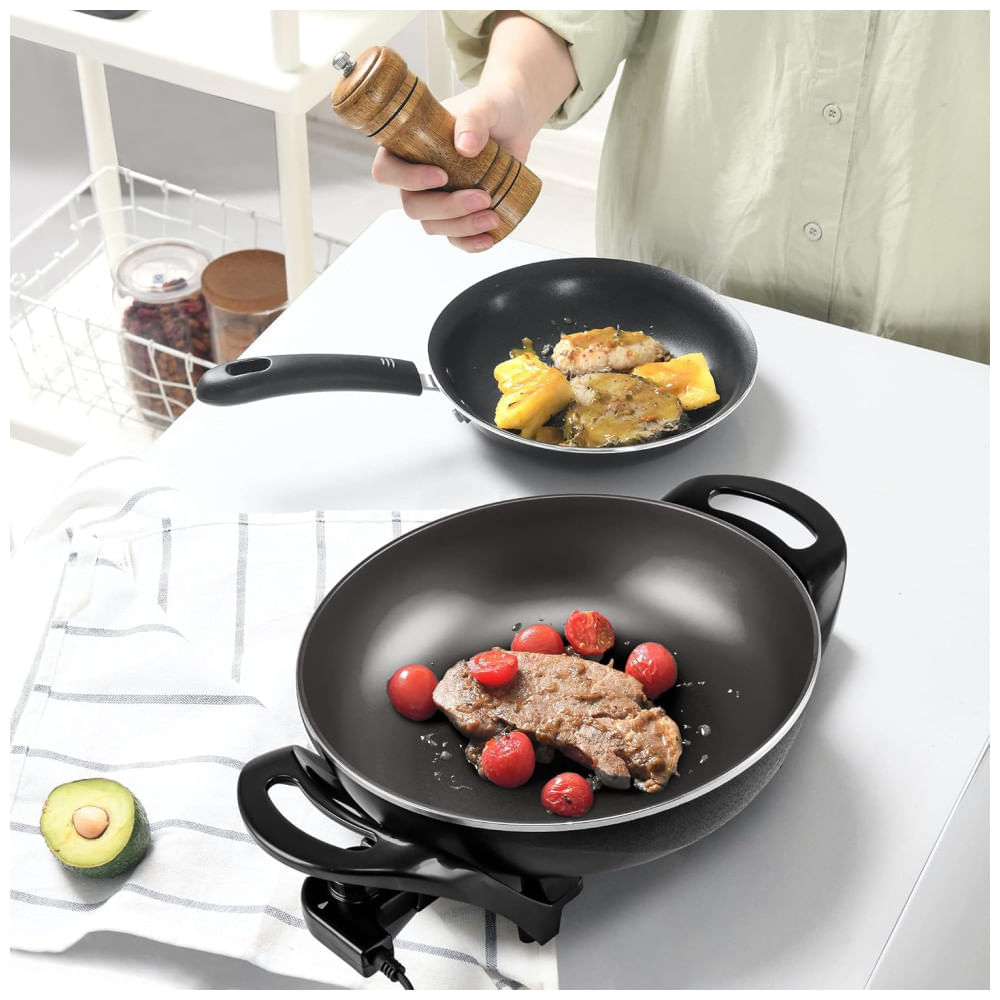 Panela Wok Elétrico OVENTE 33cm com Revestimento Antiaderente, Ideal para Família, 1400W de Potência, Controle de Temperatura, Tampa de Vidro, Prático