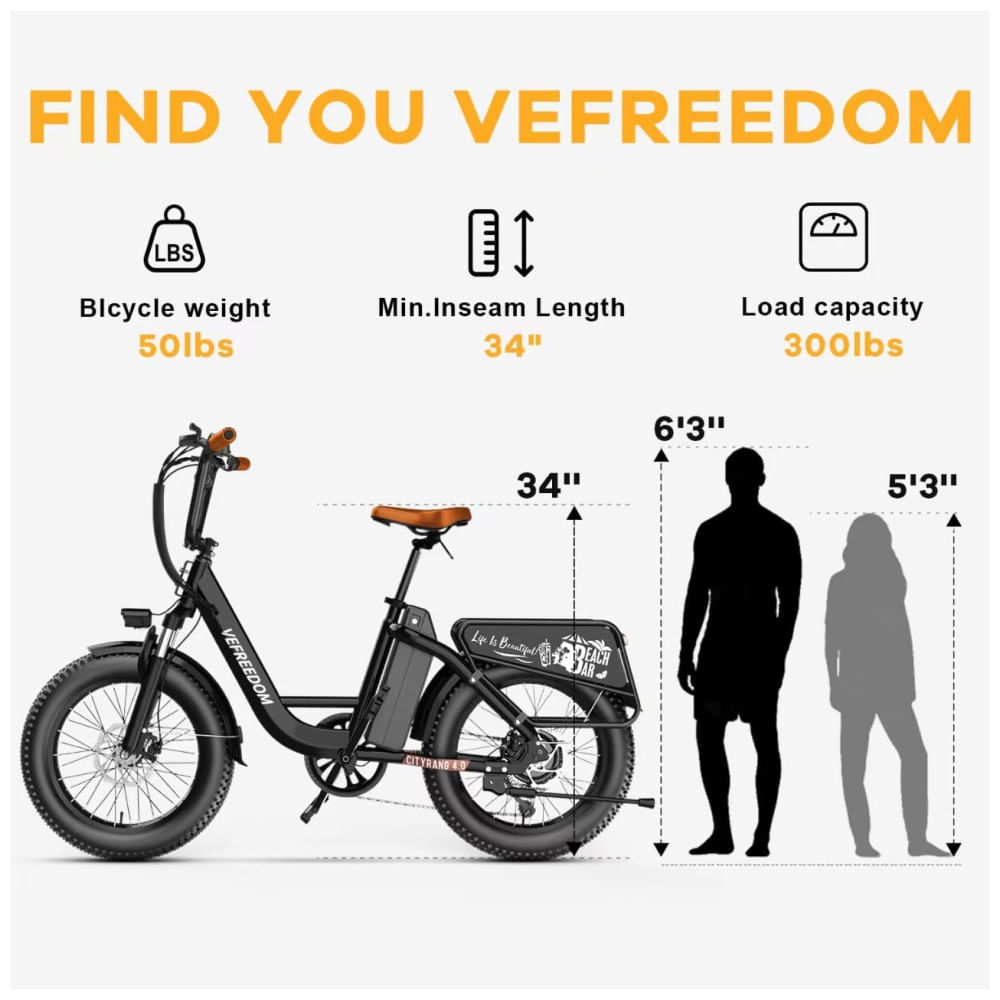 Bicicleta Elétrica EUY para Adultos com Motor de Pico de 1500W, Bateria Removível de 48V 20Ah, Ebike Rápida, Máx. 112Km, 48km/h, Pneu Gordo de 20x4.0,