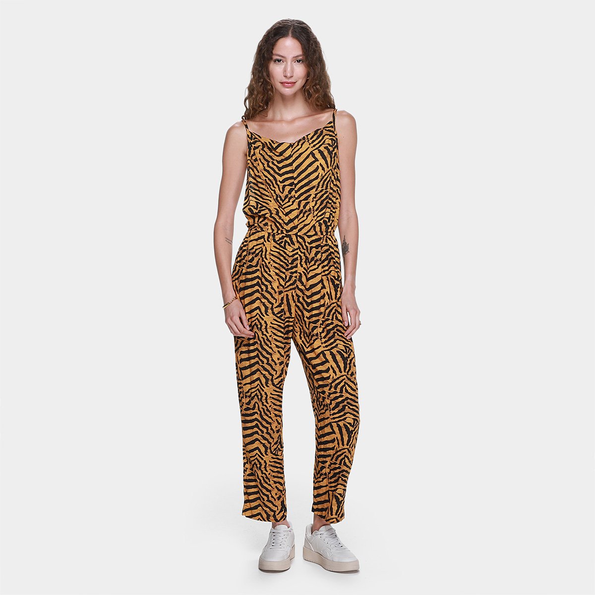 Miniatura Macacão Animale Jeans Riscado Color Feminino Onça - G