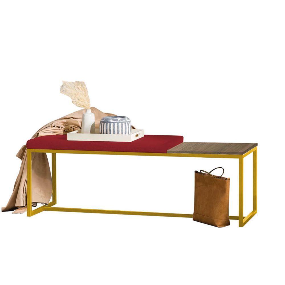 Miniatura Banco Recamier Puff 140cm Industrial Dourado Suede Vermelho Tampo Quadrado Mdf Carvalho