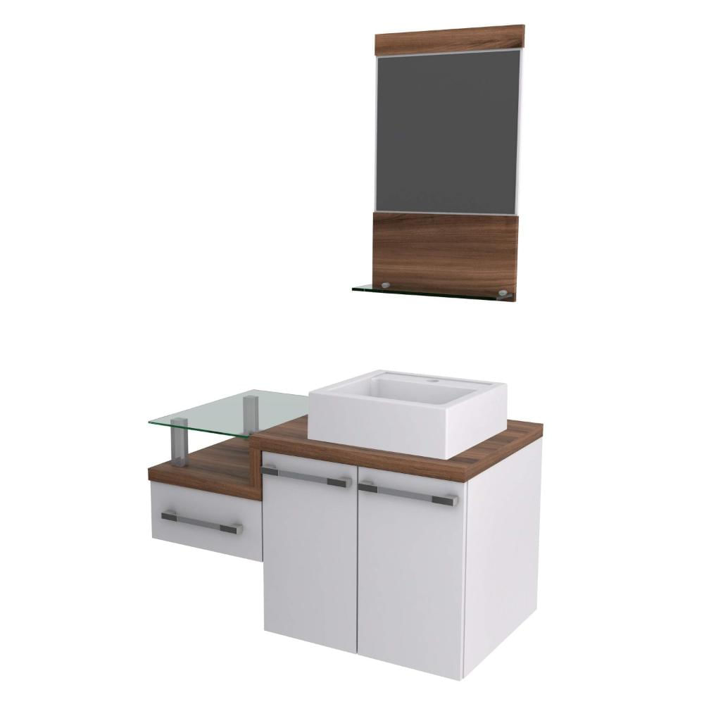 Miniatura Gabinete para Banheiro 2 Portas 1 Gaveta com Cuba Q35 e Espelheira Legno 831W Espresso Móveis Branco/Nogal