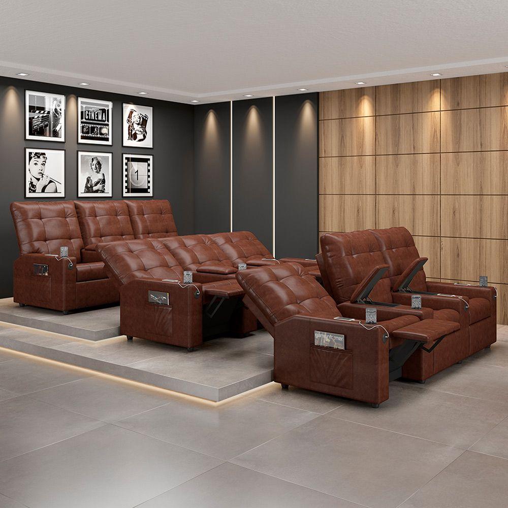 Poltrona Reclinável Para Cinema Parma 3 Lugares Baú Usb Pu Marrom Brilho Fh1 - D'rossi