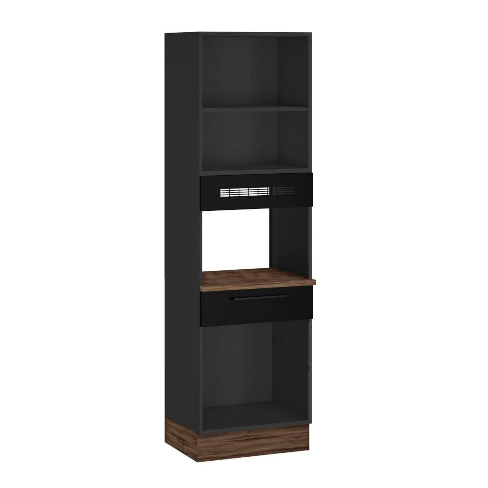 Cozinha Modulada em Aço 7 Peças com Paneleiro Forno e Cristaleira Rodapé em PVC Exclusive Grafite/Preto Matt