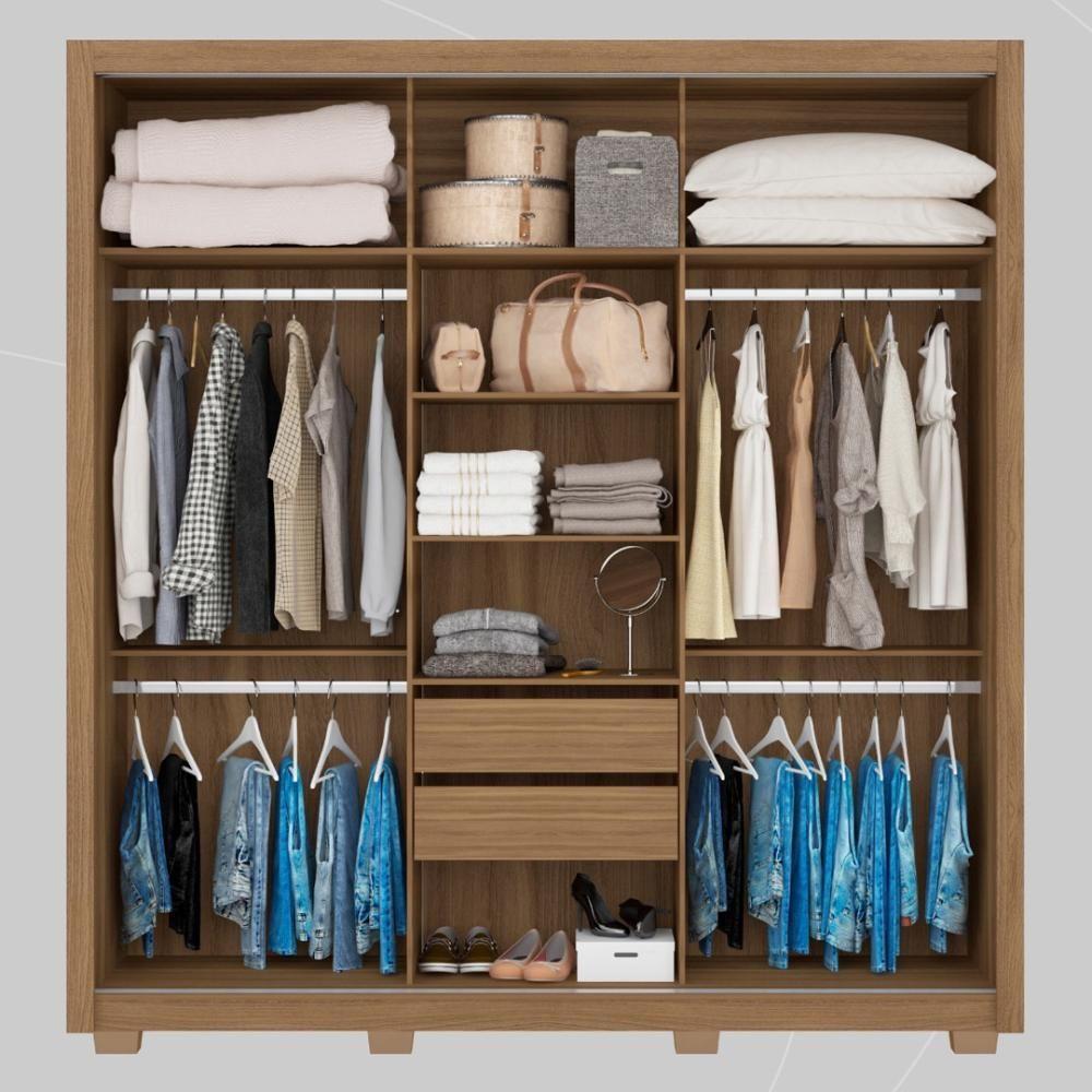 Guarda Roupa Casal 3 Portas Com Espelho E 2 Gavetas Residence Amêndola Touch-off White