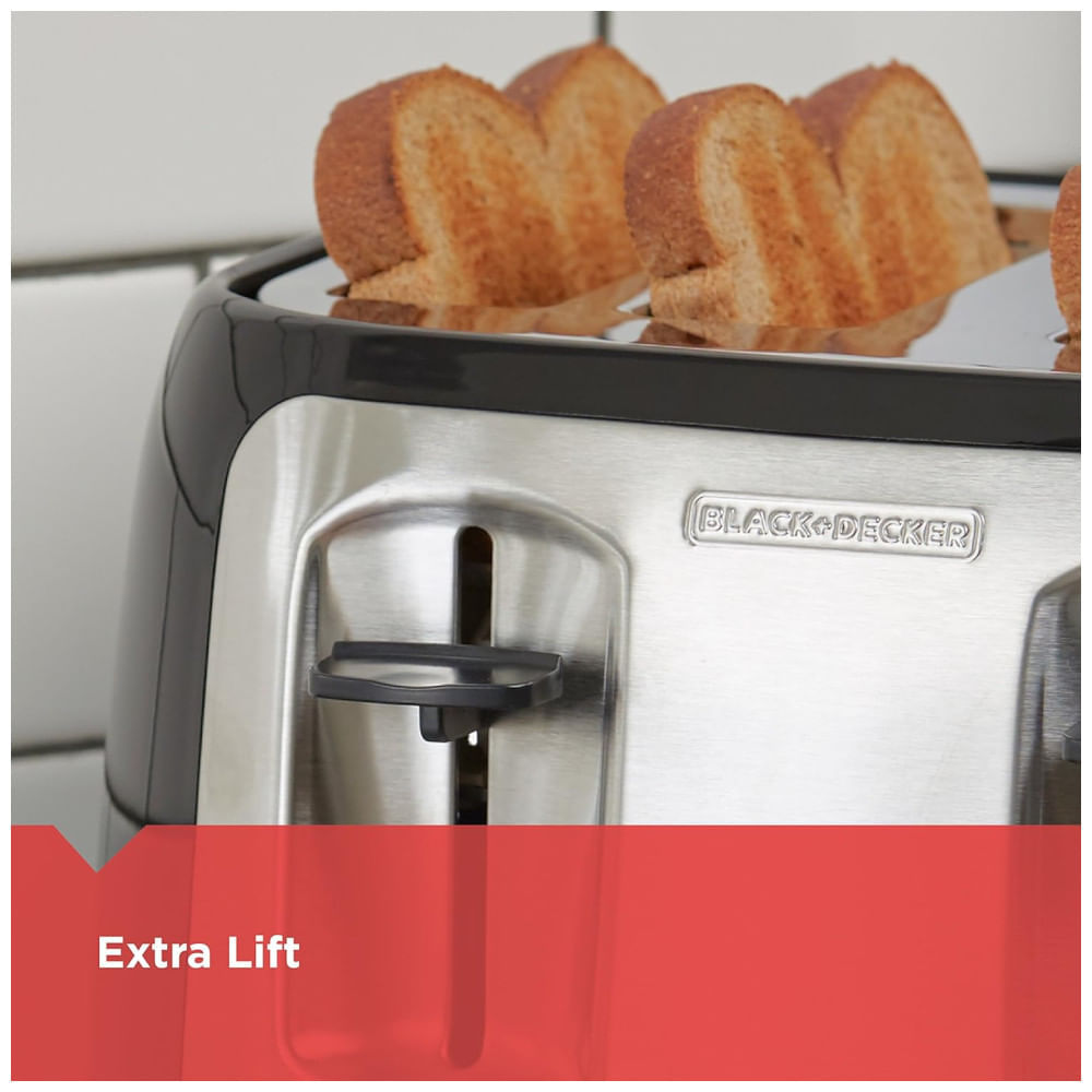 Miniatura Torradeira BLACK+DECKER 4 Fatias, Fendas Ampla, 7 Níveis de Tostagem, 1400W, Função Congelados e Bagel, Controle de Tostagem, Elevação