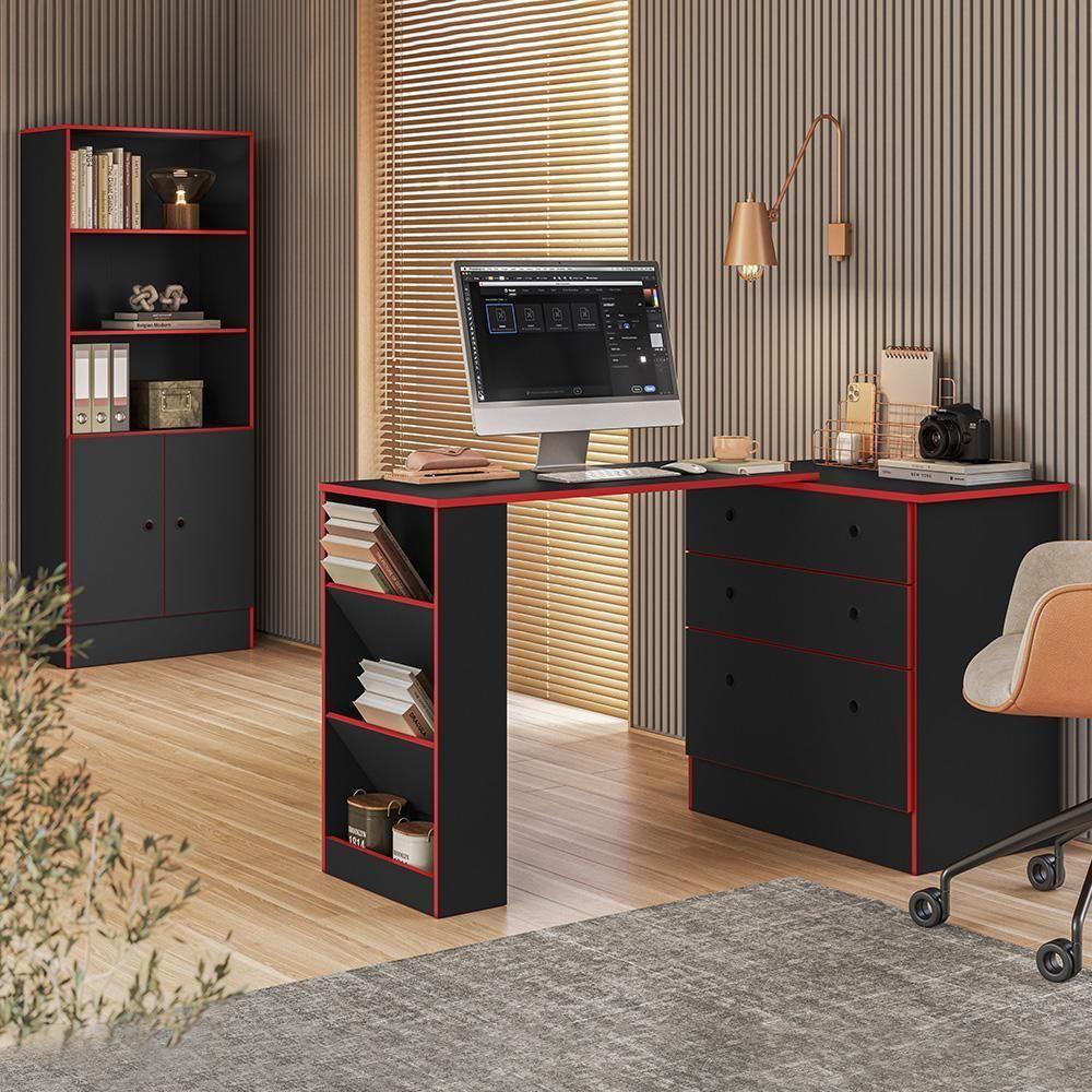 Miniatura Conjunto Gamer Armário 2 Portas E Mesa Giratória Preto Fosco-vermelho - Qmovi Preto Fosco-vermelho