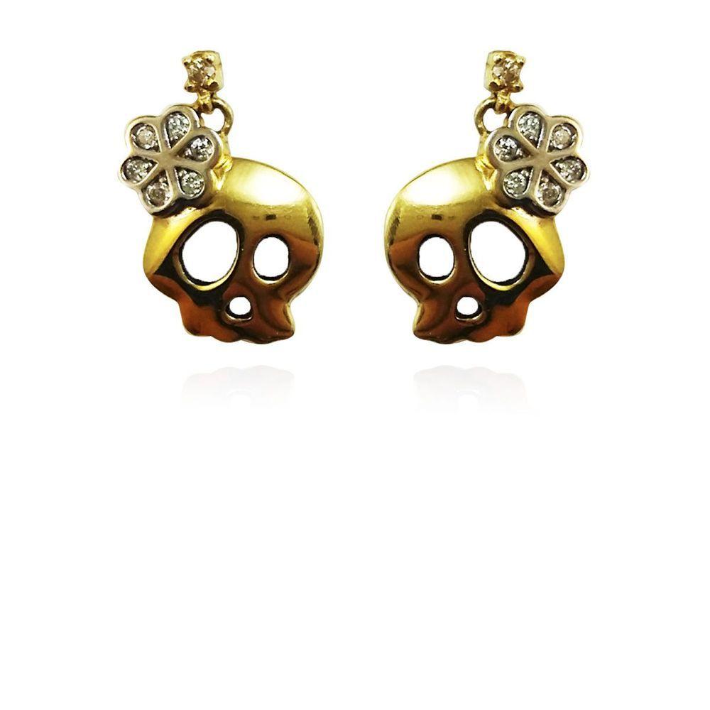 Miniatura Brincos Ouro Amarelo 18k Caveira com Diamantes L 12.5