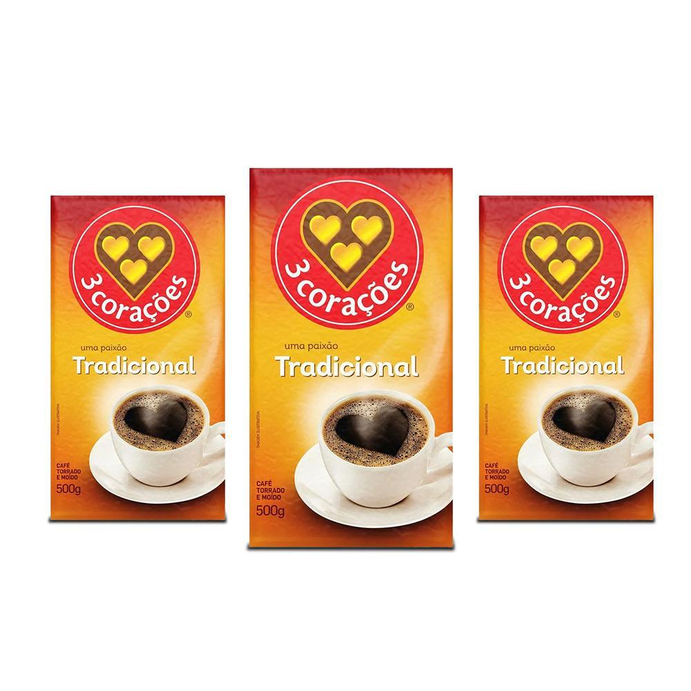Miniatura Café 3 Corações Tradicional A Vácuo Kit 3 Pacotes De 500G