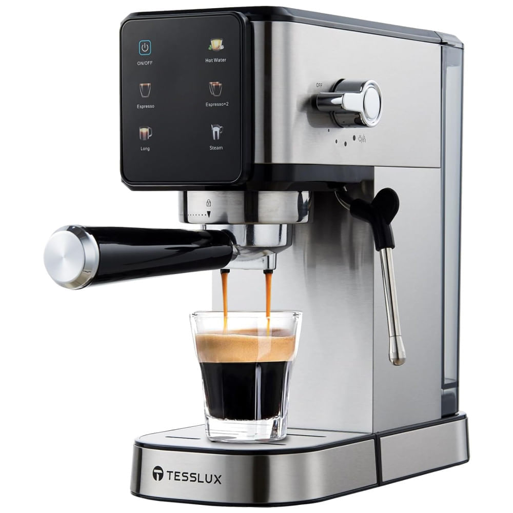 Miniatura Mquina de Caf Expresso 20 Bar com Vaporizador de Leite, Display LCD e Capacidade de 1L, 110V 1350W, Tesslux, Prata e Preta 110v