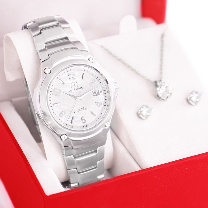 Kit Relógio Feminino Champion Ana Hickmann Analógico Prata AH30237Q Calendário