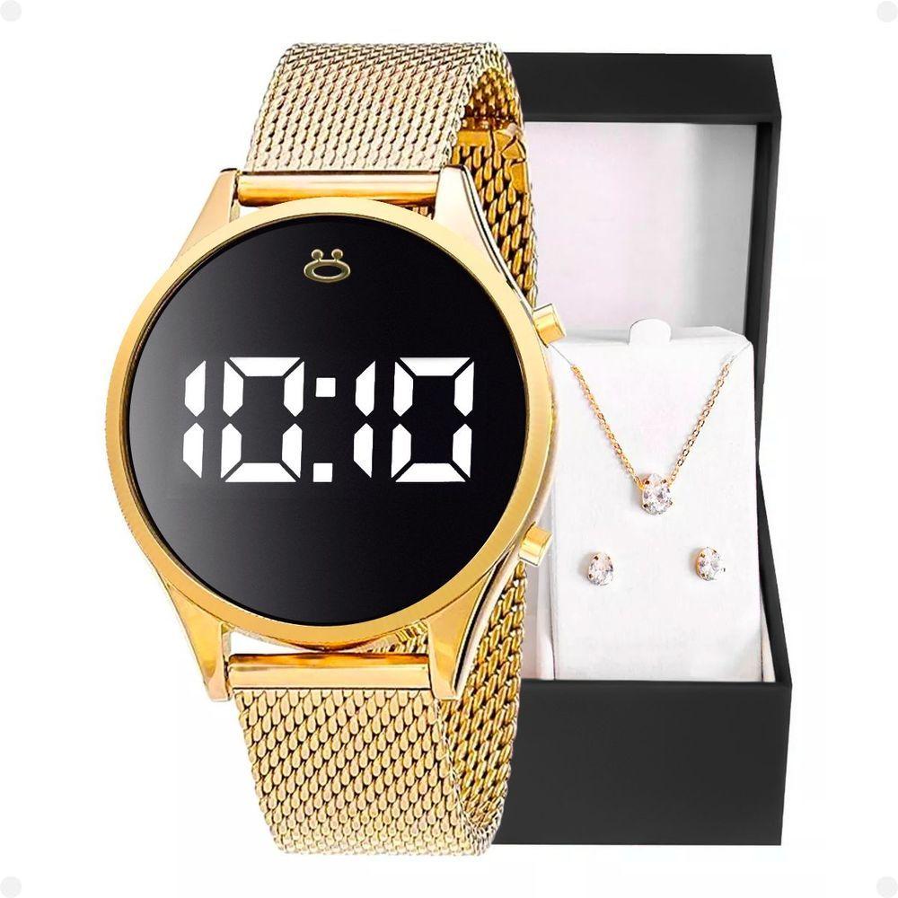 Miniatura Relogio Feminino Digital Dourado + Caixa Colar Silicone Led