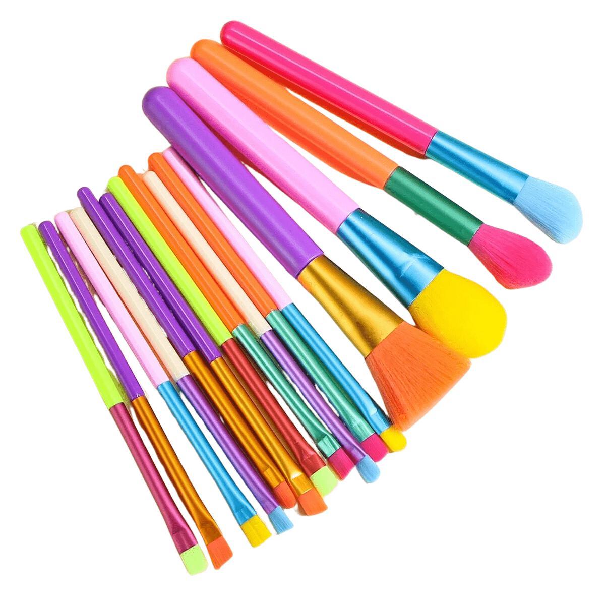 Kit Com 15 Pincéis De Maquiagem Profissional Pincel Colorido