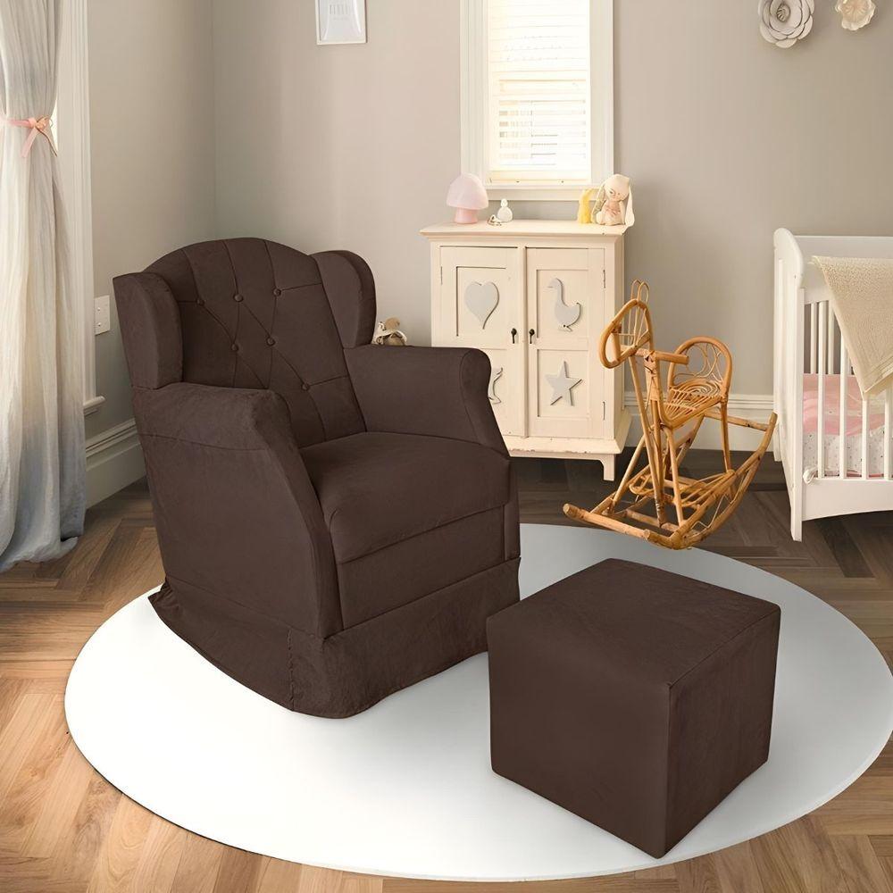 Miniatura Kit Poltrona Amamentação Com Puff Confortável Serena Suede Marrom