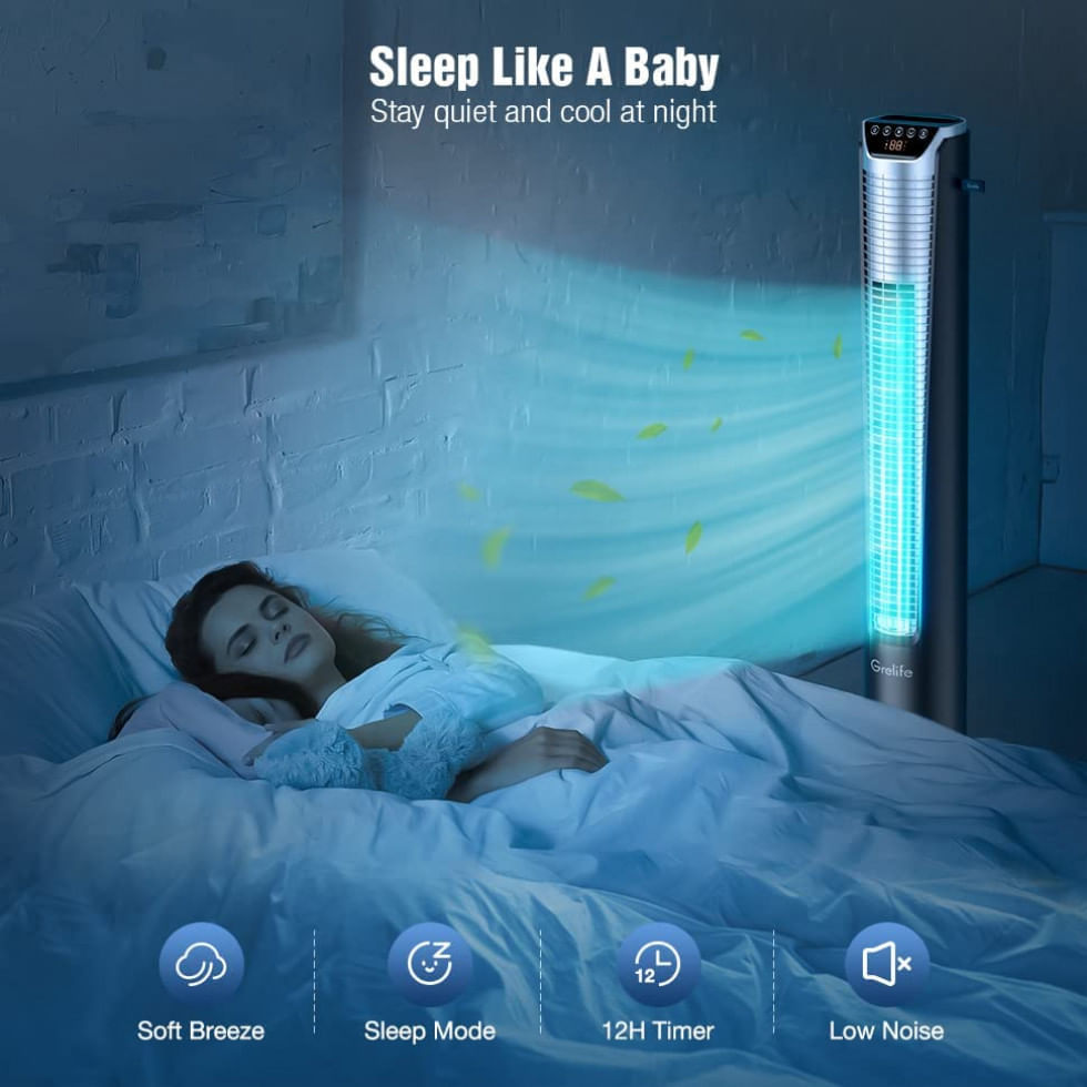 Miniatura Ventilador de Torre Grelife com Controle Remoto, 3 Modos e Temporizador de 12 Horas, 110V Preto