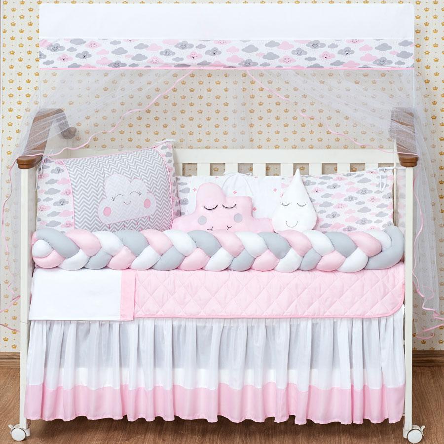 Miniatura Kit Berço Menina Nuvem Trança 12 Peças Com Mosquiteiro Rosa - Kit para berço - 12 peças