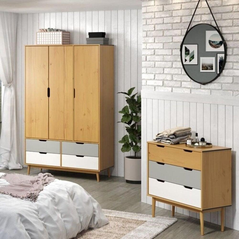 Miniatura Conjunto Quarto em Madeira Maciça Guarda-Roupa 3 Portas e Cômoda 3 Gavetas Nórdica Yescasa Roble/Cinza/Branco