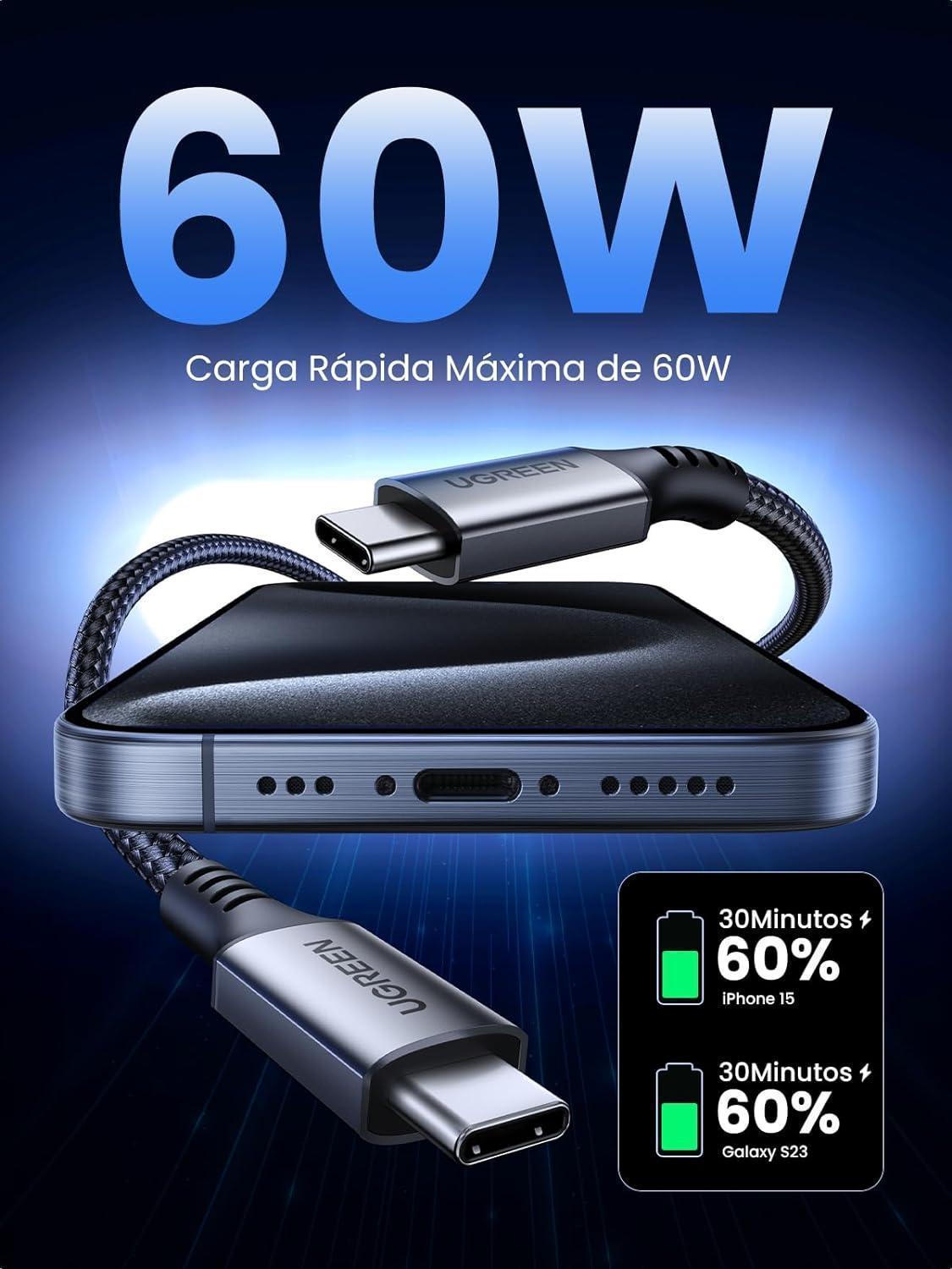 Miniatura Cabo Usb C Nylon Trançado Type C Pd 60W Carregamento Rápido