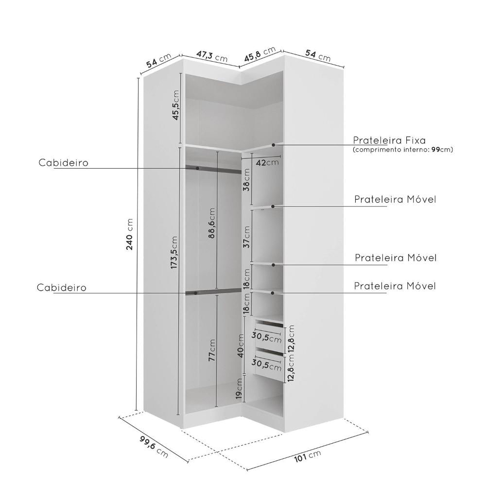 Guarda Roupa Modulado de Canto 6 Portas 3 Peças Hera Cabecasa Madeiramadeira Branco Geada/Louro/Preto
