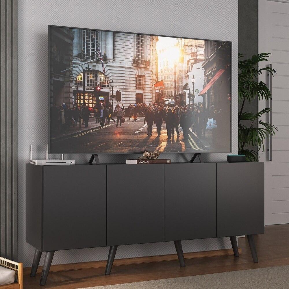 Miniatura Rack Retrô Para Tv Até 50 Polegadas Com 4 Portas Multimóveis Mp1071 Preto Preto