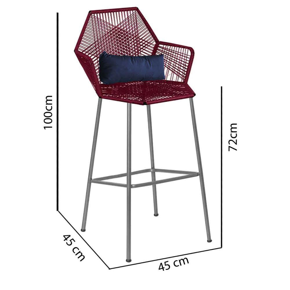 Miniatura Banqueta Alta Com Encosto Sttar Balcão Ferro Prata Fibra Marsala Almofada Azul Marinho