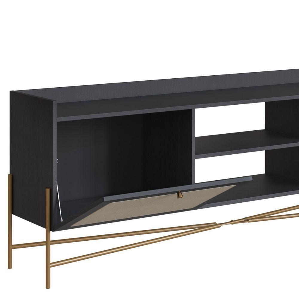 Miniatura Rack 2 Portas Oslo Artesano 183 Cm (largura) Mdp Nero Palha Sintética Bege Pé Metal Dourado