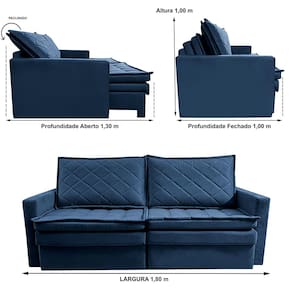 Sofá 3 Lugares Cama inBox Marselha com 180 cm de Largura, Retrátil, com Baú e Revestimento Suede Velusoft Azul