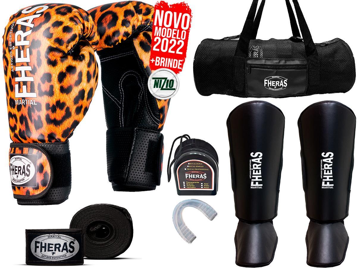 Miniatura Kit Muay Thai Bandagem Bolsa Bucal Caneleira Luva Onça 12Oz