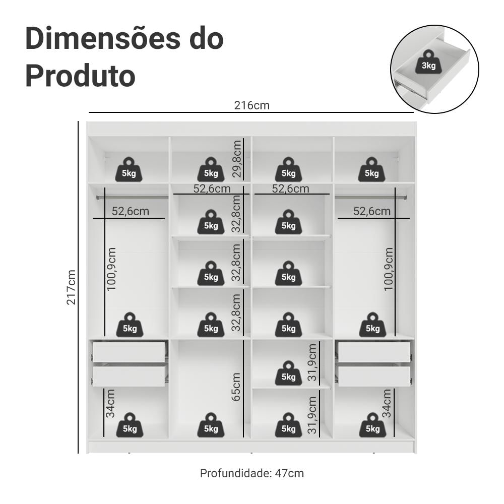 Miniatura Guarda-Roupa Casal 8 Portas Batentes com Espelho Venus Madesa B Branco/Branco/Preto