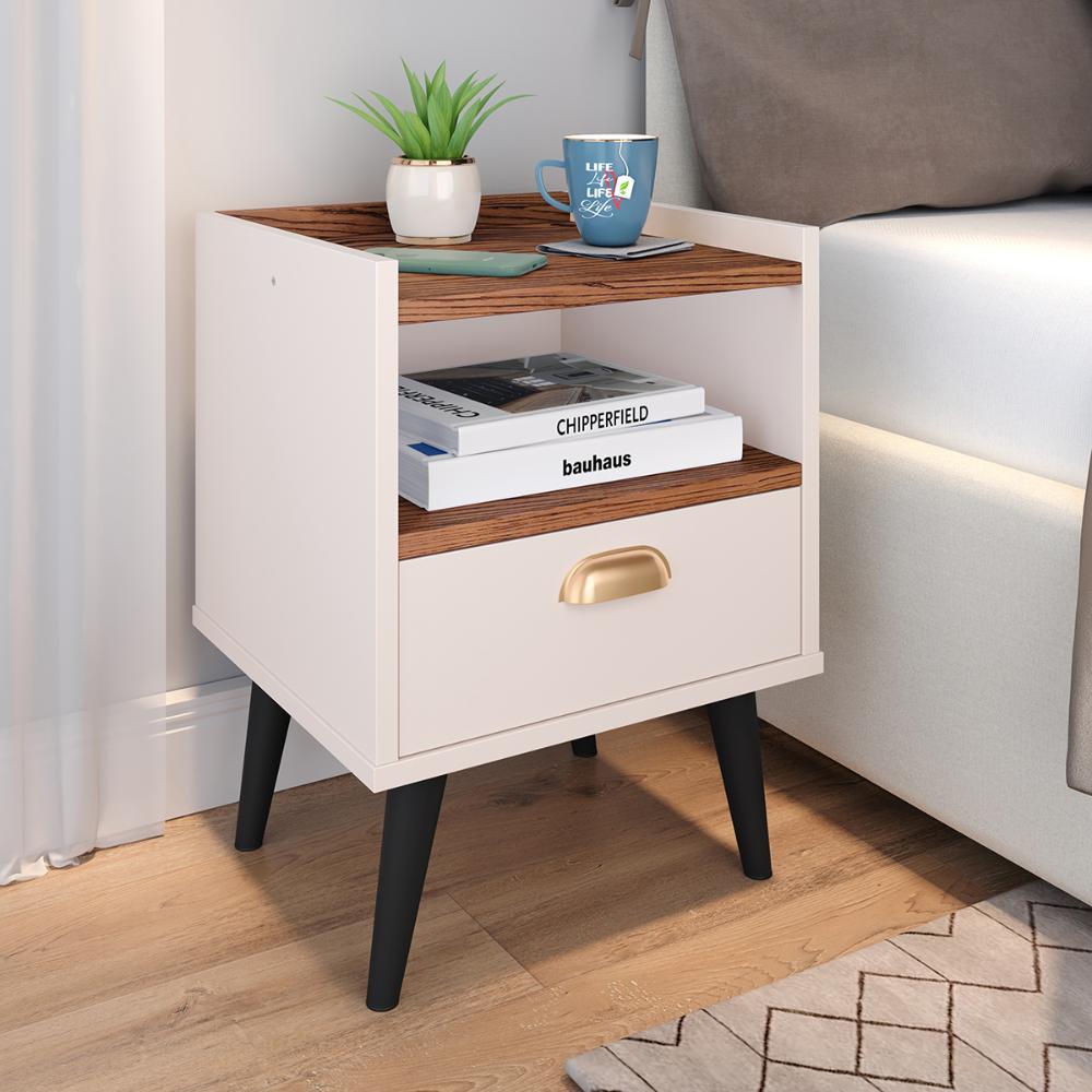 Jogo Quarto Completo Kit 2 Mesinhas Nicho Retrô Estilo Off White/Freijó e Cabeceira Suspensa Cama Box King Size 1.95 Bia Areia Suede - RPM Móveis