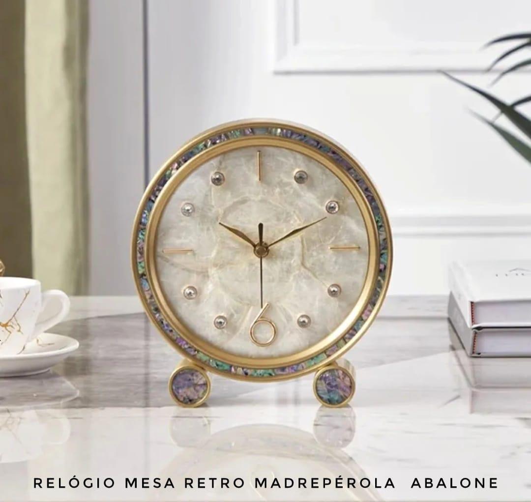Miniatura Relógio De Mesa Redondo Retro Madrepérola Abalone E Metálico
