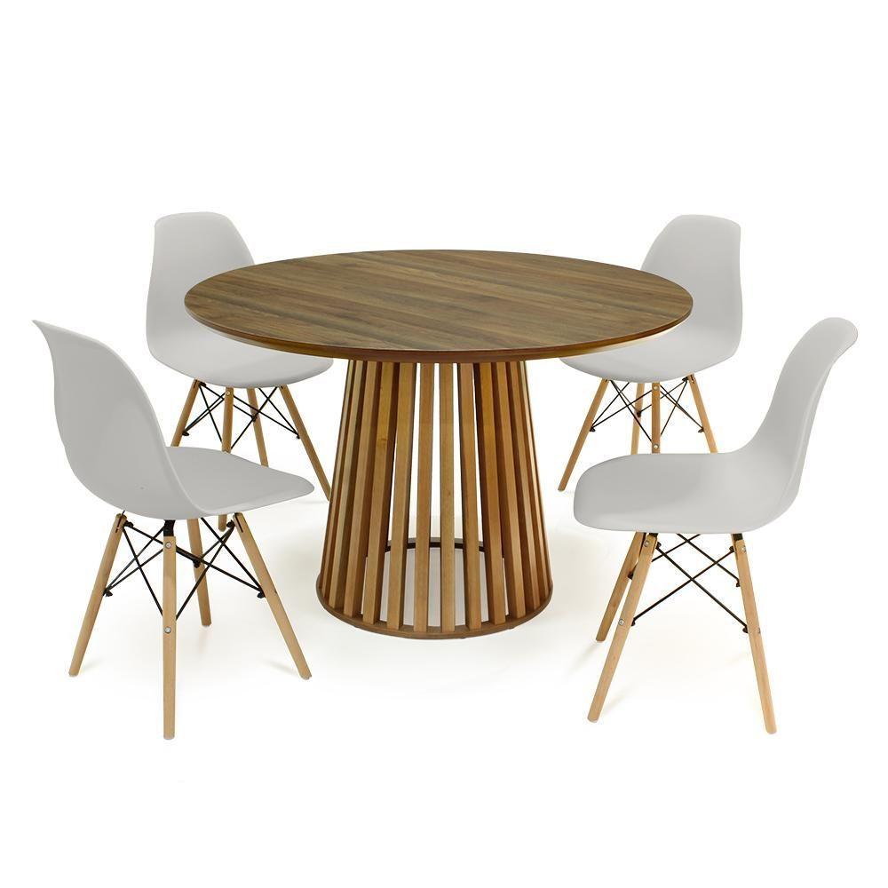 Miniatura Conjunto Mesa De Jantar Redonda Luana Amadeirada Natural 120cm Com 4 Cadeiras Eames Eiffel - Cinza
