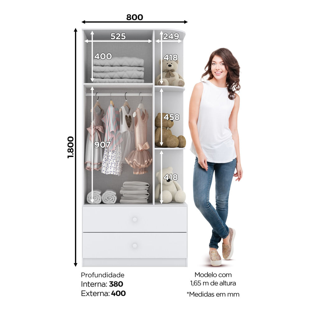 Miniatura Guarda Roupa Infantil 02 Portas 02 Gavetas Amarelinha Henn Branco