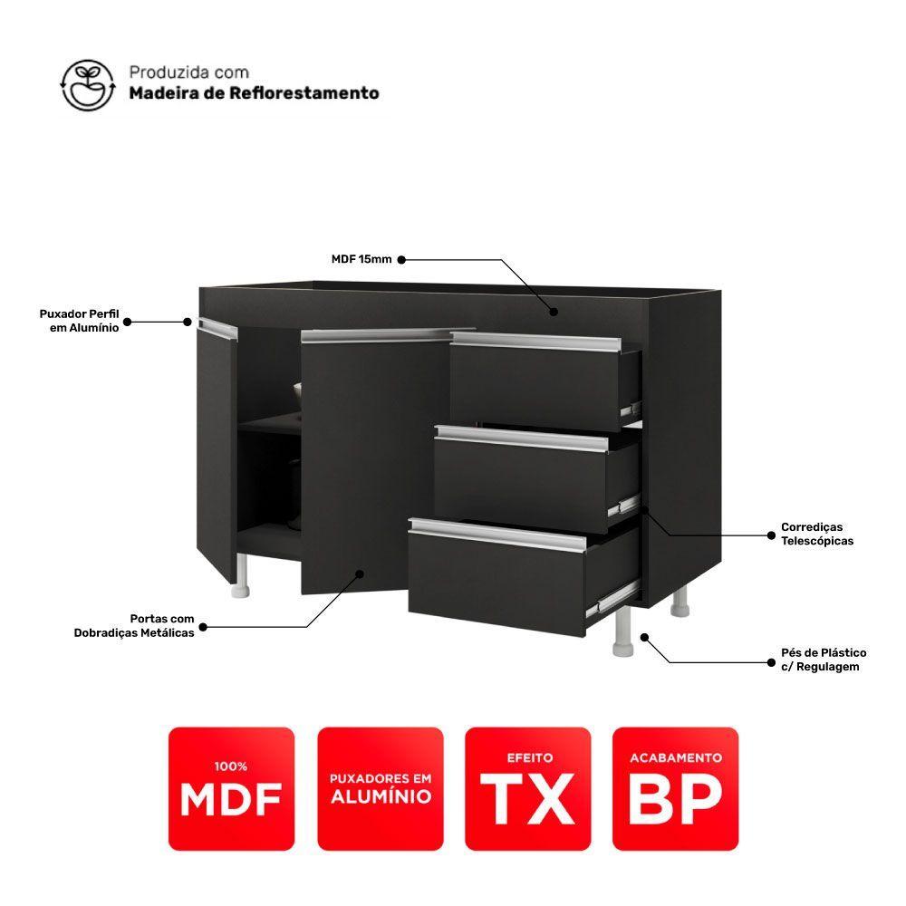 Cozinha Planejada Lux 3 Peças 100%mdf Balcão Gabinete Sem Tampo 119cm 3 Gavetas Preto - Desk Design