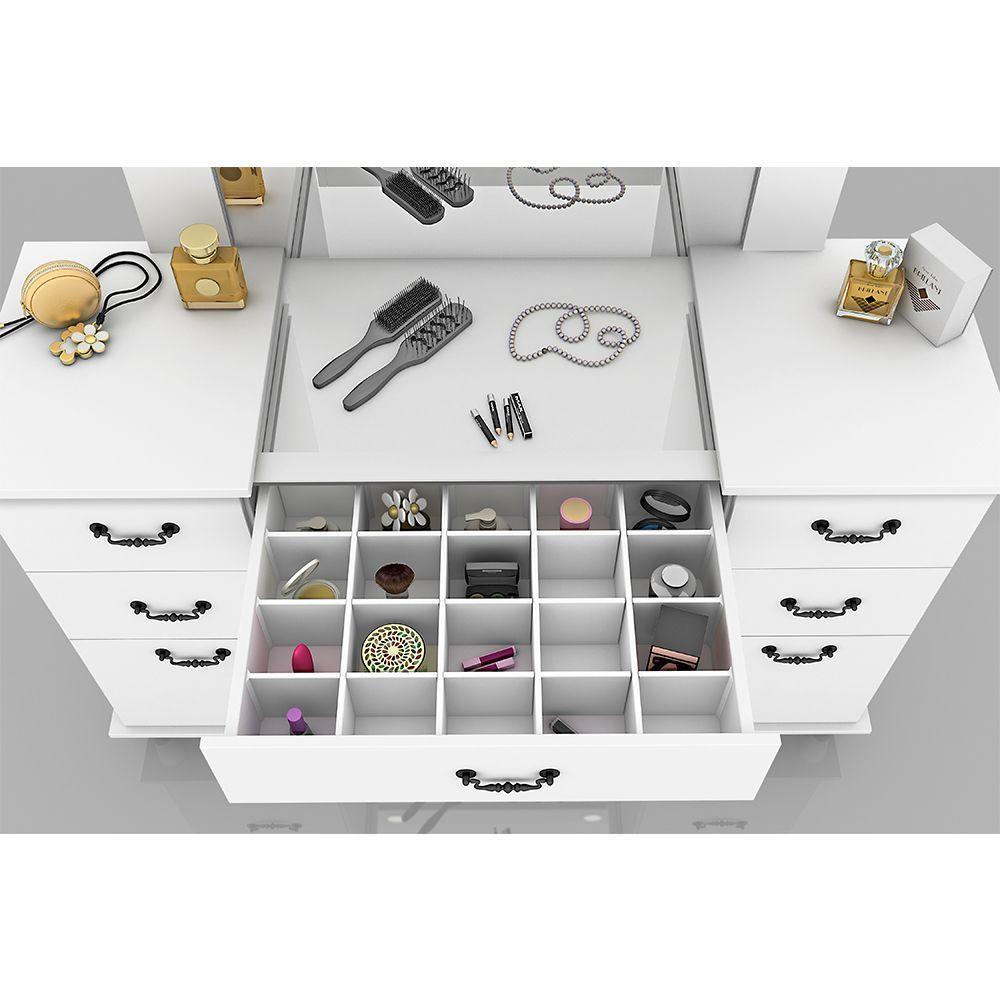 Miniatura Penteadeira Camarim Seul Com 6 Gavetas E Porta Objetos Com Tampo De Vidro E Led- Cor:Off White