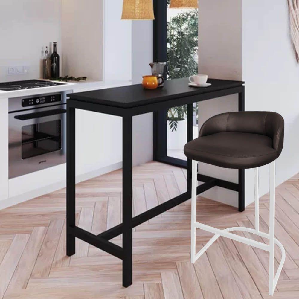 Miniatura Kit 04 Banqueta Betina Com Encosto Alta Cozinha Balcão Ferro Branco Sintético Marrom - Ahazzo Móveis