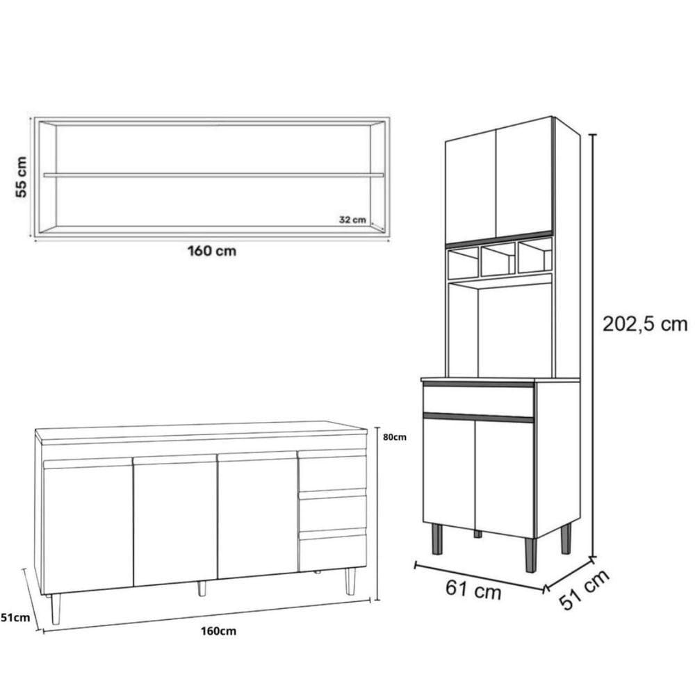 Miniatura Armário De Cozinha Compacta Sem Tampo 220 Cm Andréia Branco