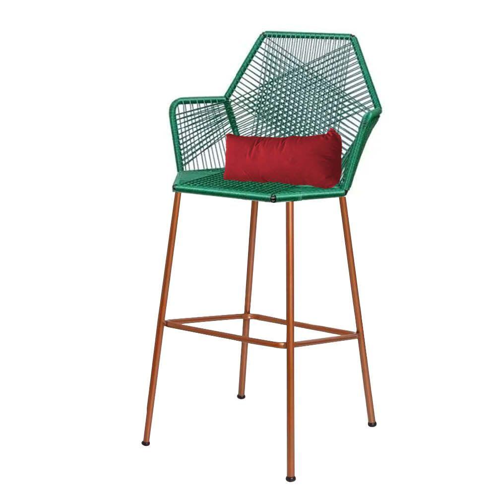 Miniatura Banqueta Alta Com Encosto Ferro Bronze Fibra Verde Almofada Corino Vermelho